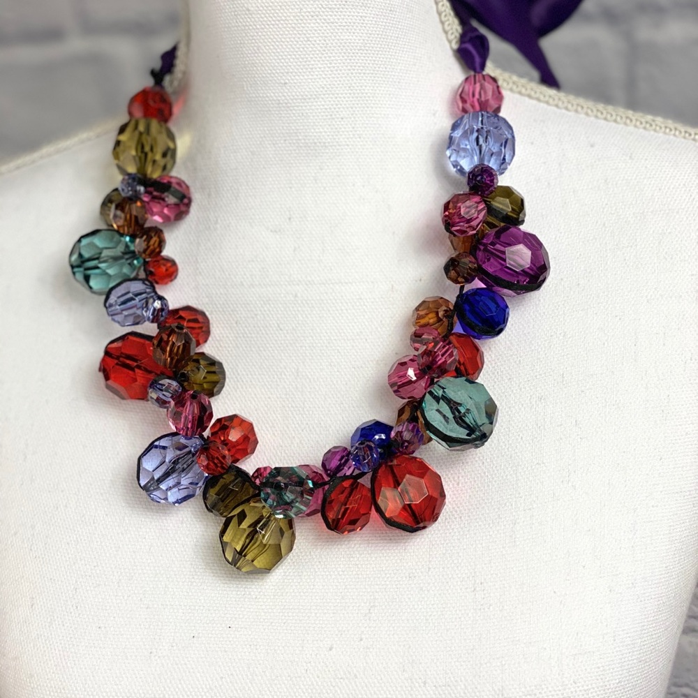 Vintage Ribbon Tie multi color beaded necklace